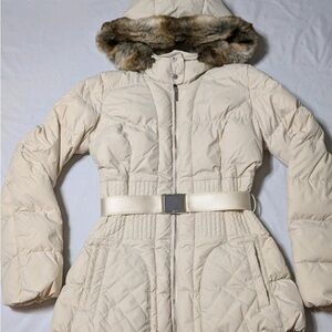 KAREN MILLEN Women Size 4 Beige Nylon Zip Belt Faux Fur Hood DOWN Puffer Jacket